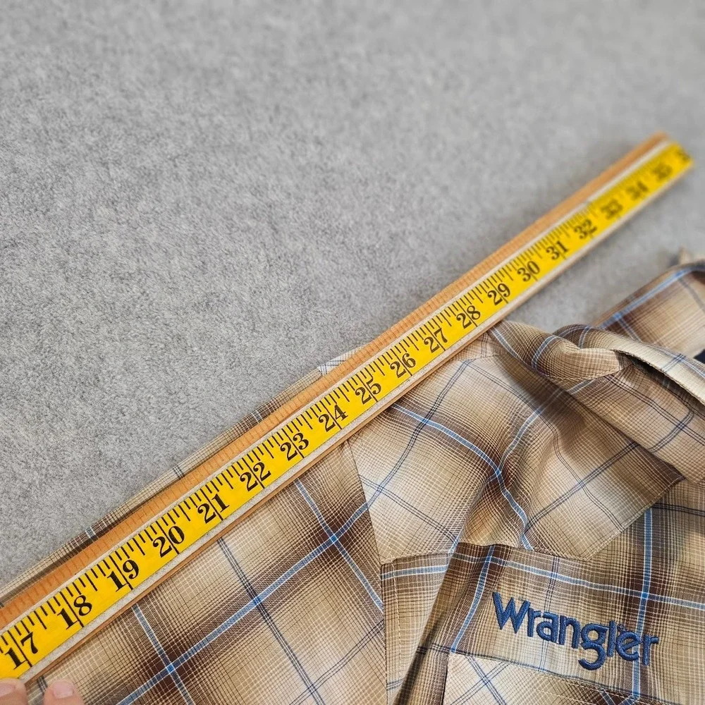 Wrangler Mens Plaid Western Pearl Snap Shirt Embroidered Rodeo Tan Blue L